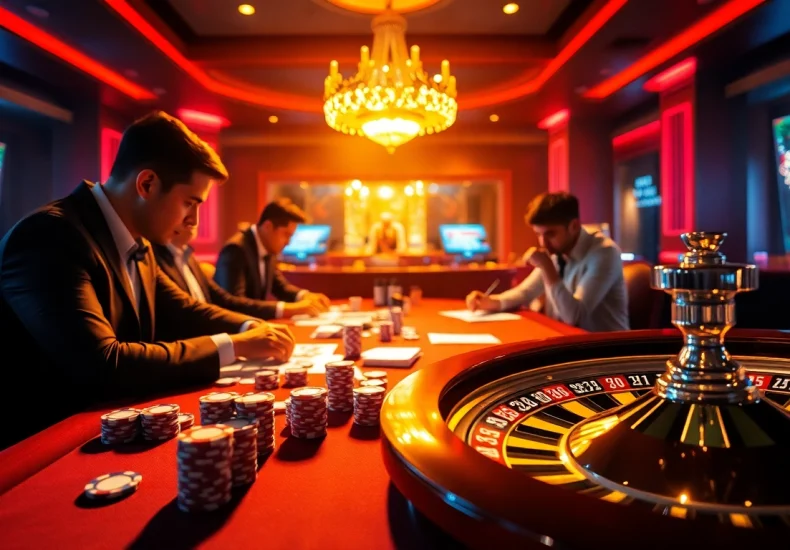 Experience the thrill of winning at https://www.6rwin33.com/ with vibrant casino visuals featuring poker chips, cards, and a roulette wheel.