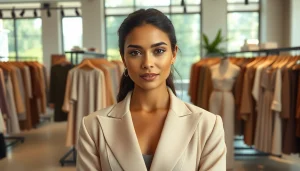 Rivelle fashion showcased by a model in an elegant boutique exuding sophistication.