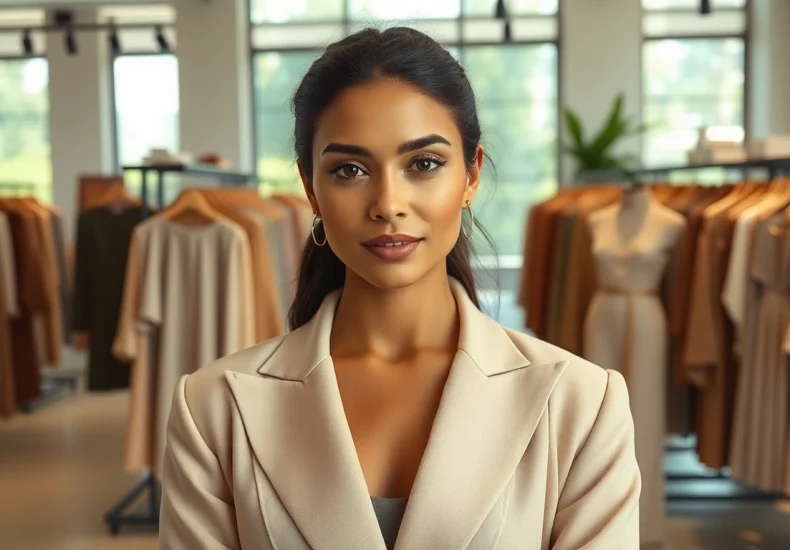 Rivelle fashion showcased by a model in an elegant boutique exuding sophistication.