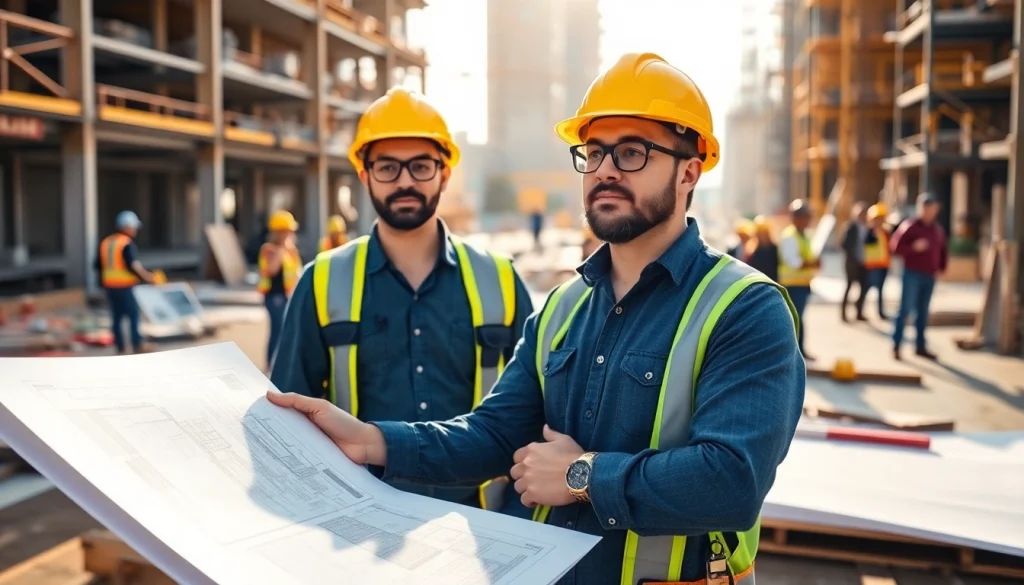 Manhattan Commercial General Contractor supervising construction site with blueprints and collaborating workers.