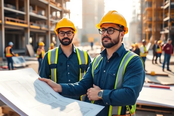 Manhattan Commercial General Contractor supervising construction site with blueprints and collaborating workers.