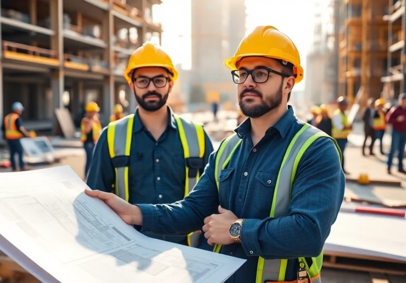 Manhattan Commercial General Contractor supervising construction site with blueprints and collaborating workers.