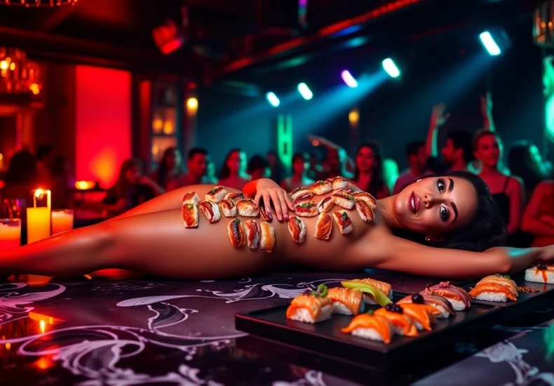Experience body sushi at Club Noir, St. Martin's upscale nightlife destination with vibrant ambiance.