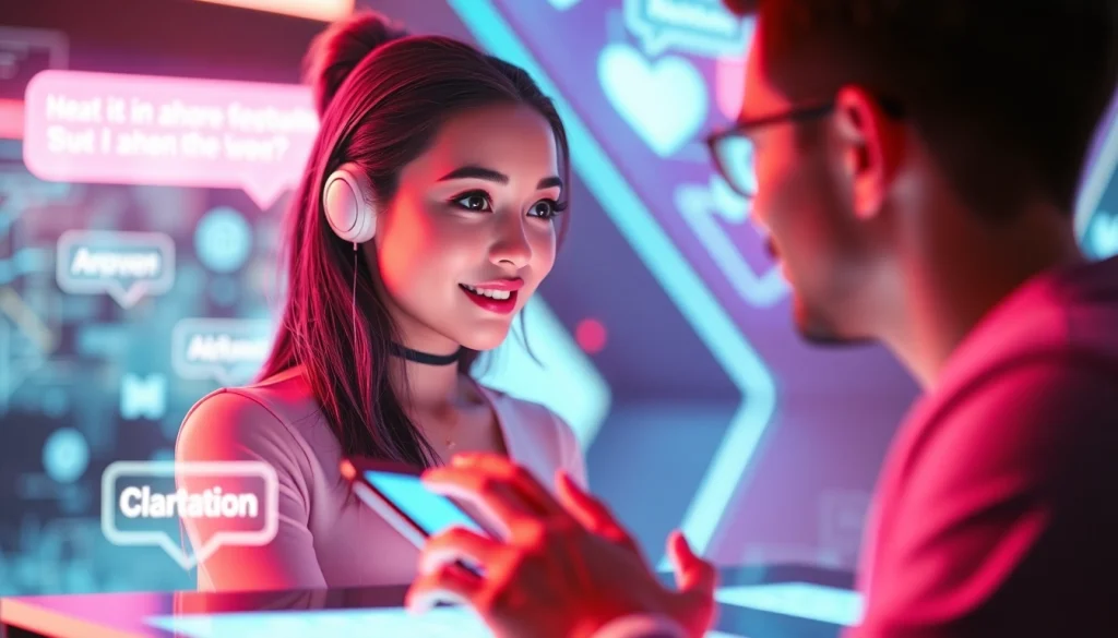 AI sexting interaction between a user and a digital character in a vibrant, tech-savvy environment.