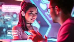 AI sexting interaction between a user and a digital character in a vibrant, tech-savvy environment.