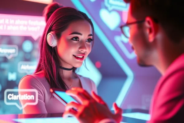 AI sexting interaction between a user and a digital character in a vibrant, tech-savvy environment.