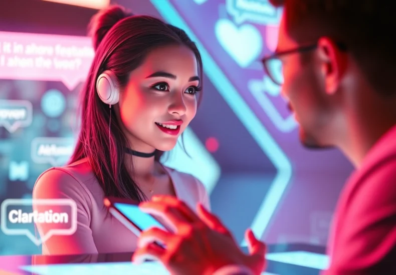 AI sexting interaction between a user and a digital character in a vibrant, tech-savvy environment.