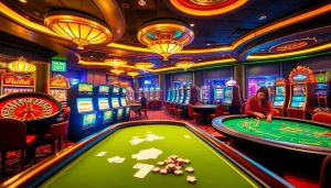 Experience exciting gaming action at https://78win.school/ with poker tables and vibrant slot machines.