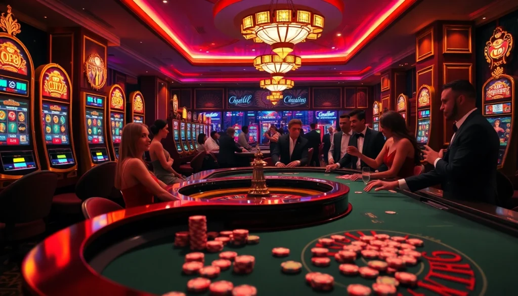 GO8 themed slot machines attract eager gamblers in a luxury casino setting.