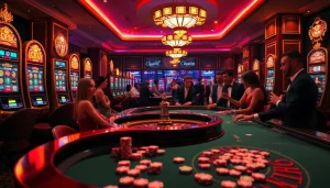 GO8 themed slot machines attract eager gamblers in a luxury casino setting.