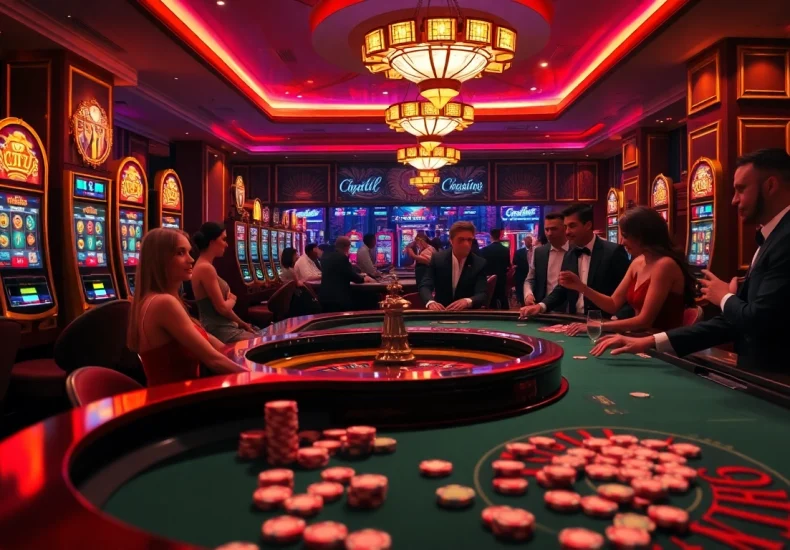 GO8 themed slot machines attract eager gamblers in a luxury casino setting.