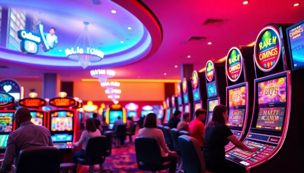 Experience the excitement of online casinos Texas with players enjoying various games in a vibrant setting.