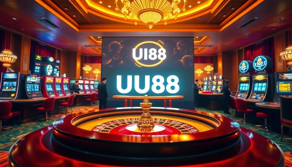 Experience luxury with UU88 at a vibrant casino, featuring roulette, slot machines, and captivating visuals.