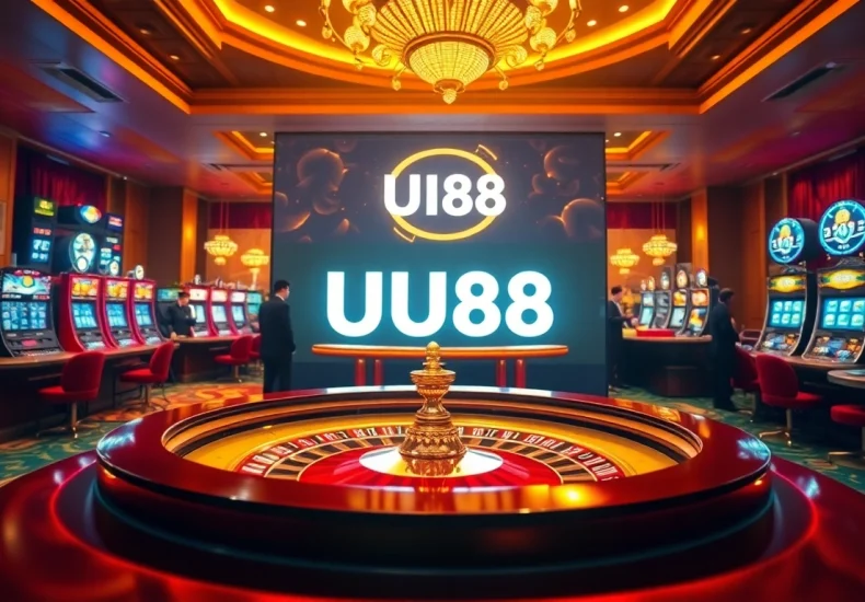 Experience luxury with UU88 at a vibrant casino, featuring roulette, slot machines, and captivating visuals.