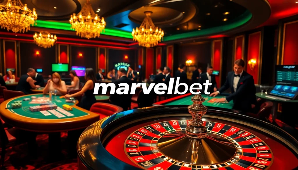 Marvelbet roulette wheel and poker table action showcasing thrilling gameplay and luxury.