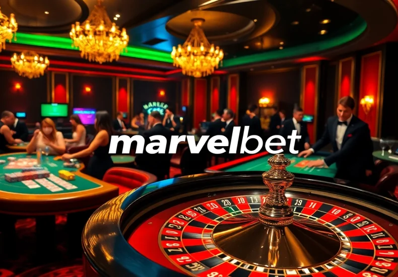 Marvelbet roulette wheel and poker table action showcasing thrilling gameplay and luxury.