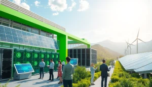 Visual representation of bitcoin cloud mining facility powered by renewable energy.