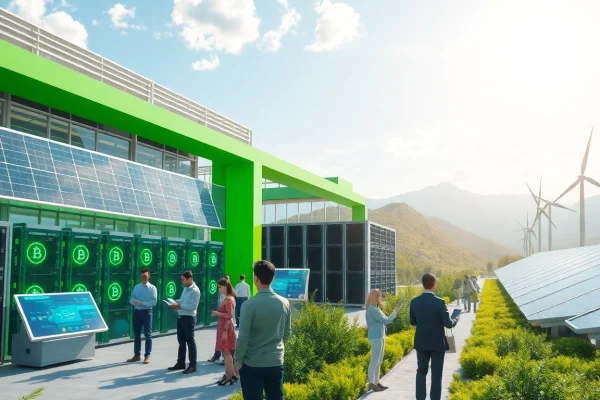 Visual representation of bitcoin cloud mining facility powered by renewable energy.