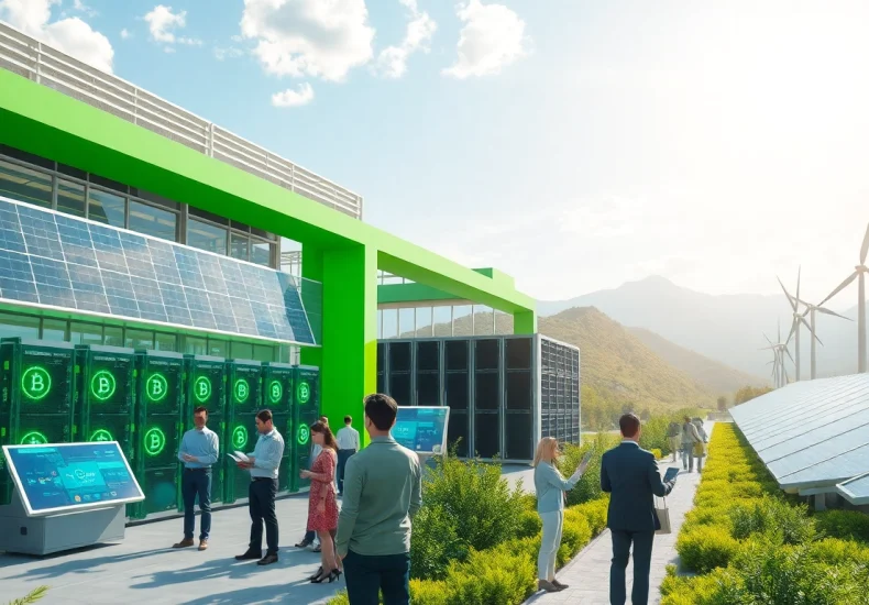 Visual representation of bitcoin cloud mining facility powered by renewable energy.