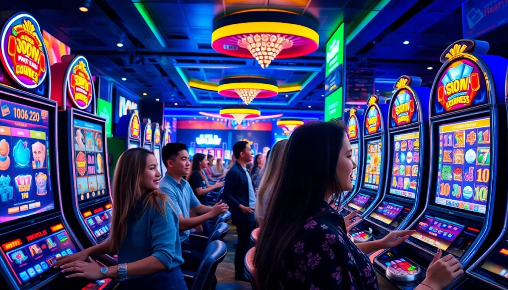 Kode4d slot online gaming scene featuring vibrant machines and excited players.