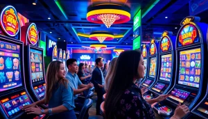 Kode4d slot online gaming scene featuring vibrant machines and excited players.