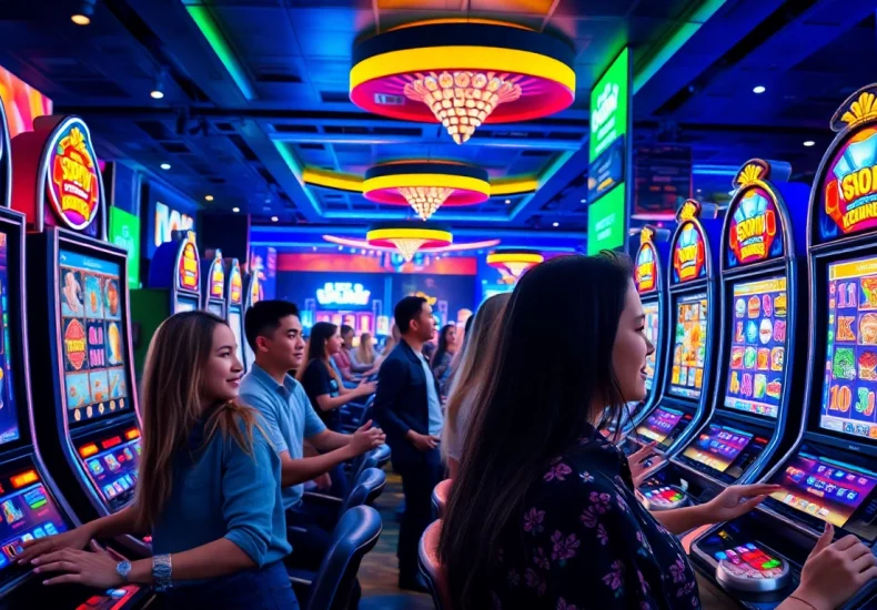 Kode4d slot online gaming scene featuring vibrant machines and excited players.