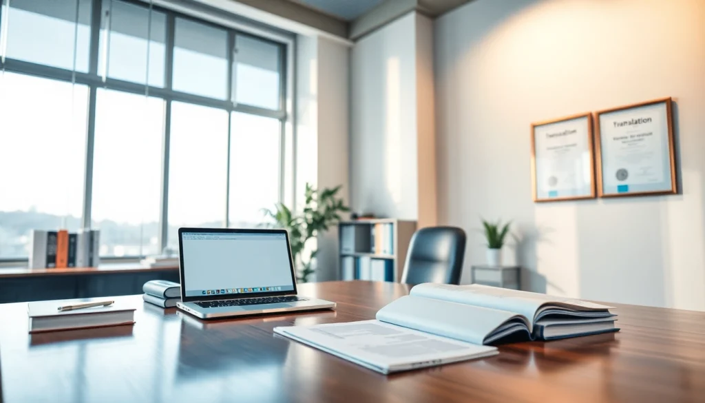 Professional translator's workspace featuring authorized translator certificate and translation tools.