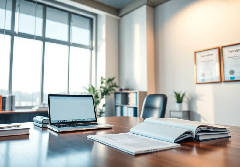 Professional translator's workspace featuring authorized translator certificate and translation tools.