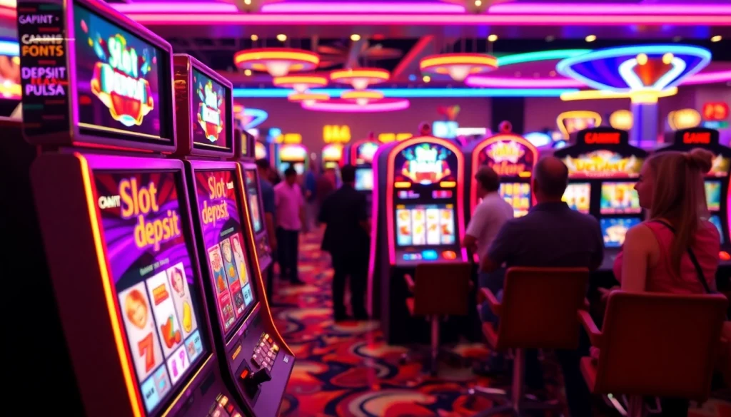 Menampilkan keseruan dengan slot deposit pulsa pada mesin permainan slot yang berwarna-warni.