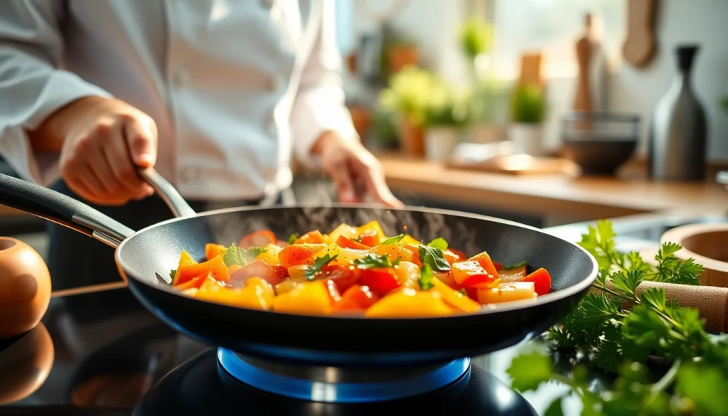 Cooking delicious vegetables in the best nonstick pan NZ on a stylish kitchen countertop.