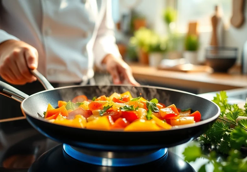 Cooking delicious vegetables in the best nonstick pan NZ on a stylish kitchen countertop.