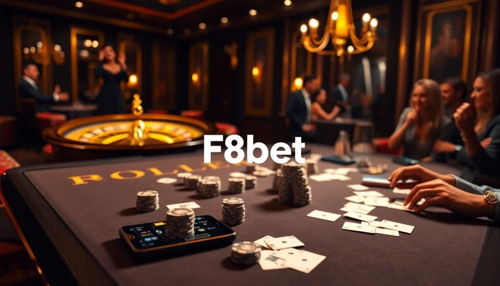 Exciting scene of high-stakes play at F8bet's luxurious casino table with poker chips and cards.
