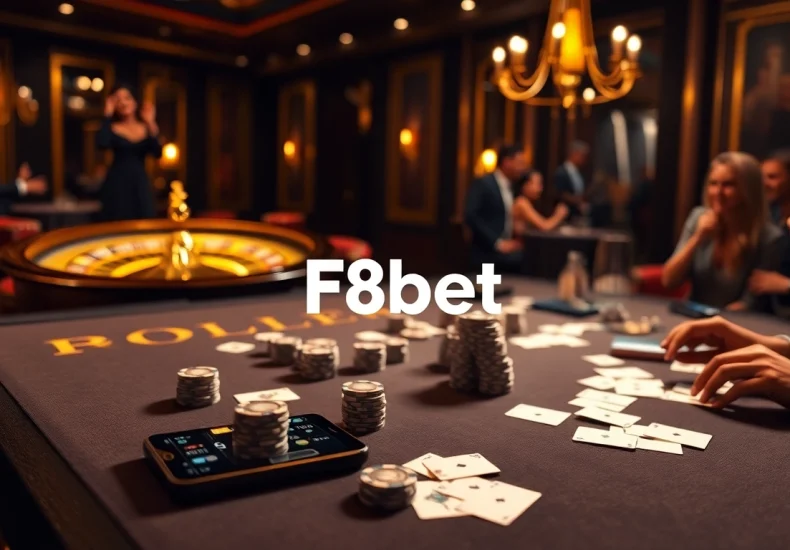 Exciting scene of high-stakes play at F8bet's luxurious casino table with poker chips and cards.