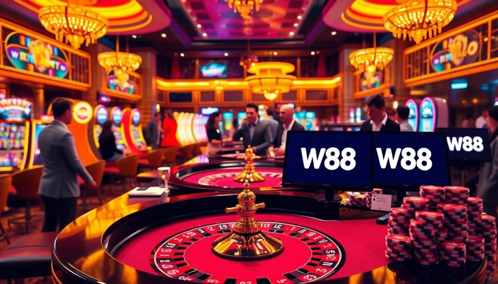 Engage in thrilling casino moments with W88 link, showcasing a lively roulette table and vibrant slot machines.