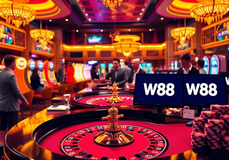 Engage in thrilling casino moments with W88 link, showcasing a lively roulette table and vibrant slot machines.