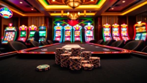 Exciting poker game scene with tk88 branding on high-stakes table, vibrant casino ambiance.