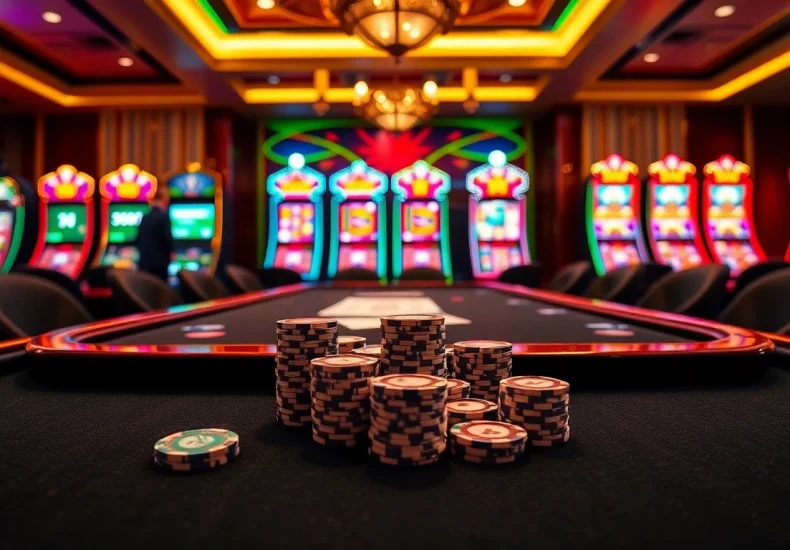 Exciting poker game scene with tk88 branding on high-stakes table, vibrant casino ambiance.