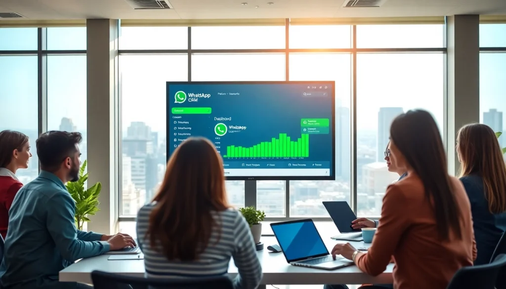 Enhance customer interaction with WhatsApp Business CRM dashboard in a modern office.