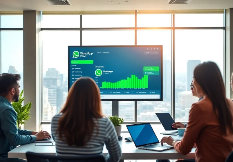Enhance customer interaction with WhatsApp Business CRM dashboard in a modern office.