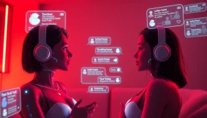 Engaging scene of sex chat ai interactions with realistic AI characters and a digital chat backdrop.
