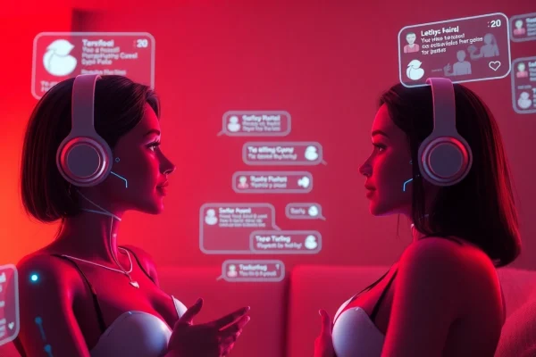 Engaging scene of sex chat ai interactions with realistic AI characters and a digital chat backdrop.
