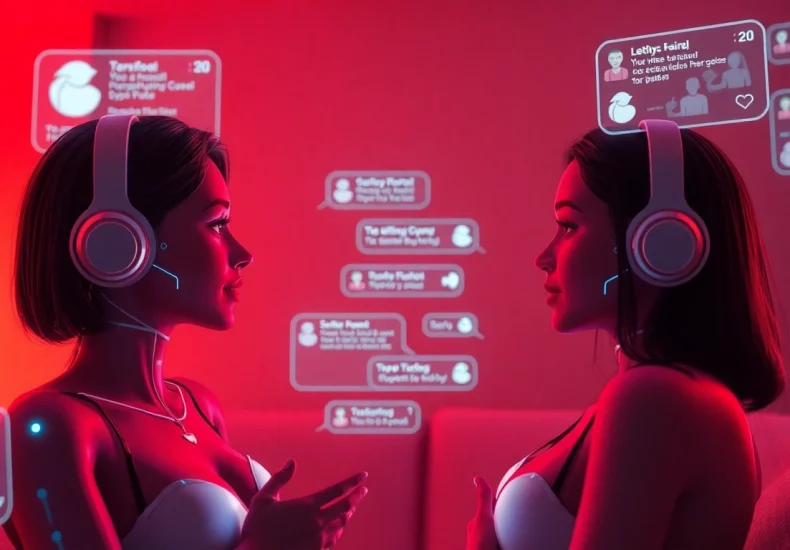 Engaging scene of sex chat ai interactions with realistic AI characters and a digital chat backdrop.