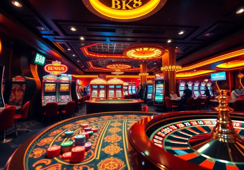 Engage in a thrilling game at BK8 with vibrant casino tables and slot machines.