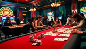 Exciting casino atmosphere with 8KBET branding, showcasing vibrant gaming elements and engaged players.
