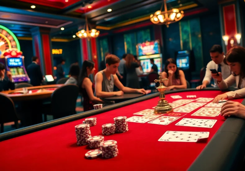 Exciting casino atmosphere with 8KBET branding, showcasing vibrant gaming elements and engaged players.