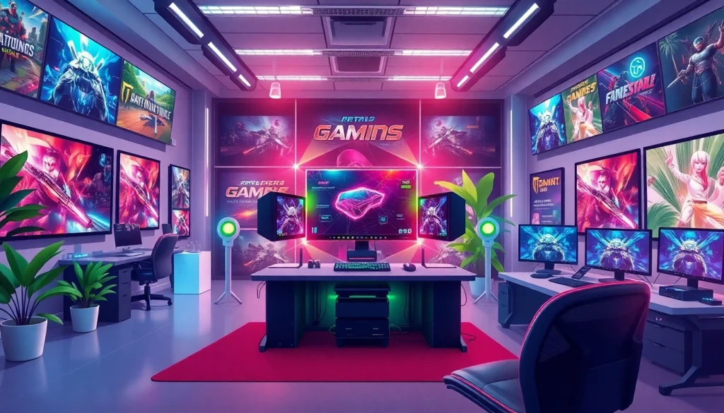 Catch the latest gaming news in a vibrant gaming newsroom filled with consoles and colorful displays.