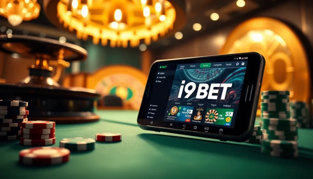Experience the excitement of gambling with the I9BET app, showcasing vibrant chips and a roulette wheel in a luxurious casino.