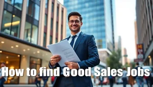 Find good sales jobs with a confident job seeker holding a resume in a busy city.