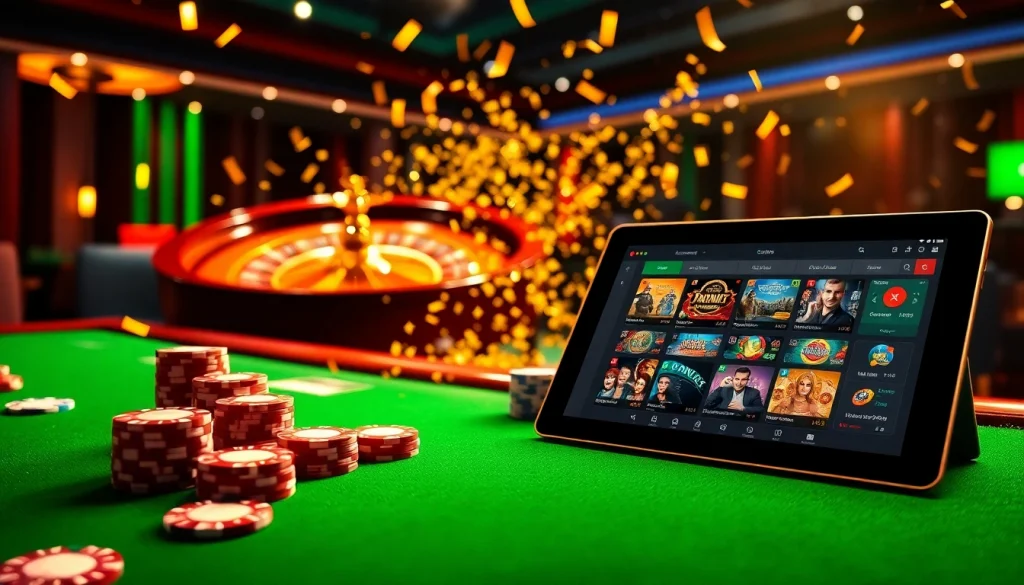 Exciting gambling scene with RR88 link displayed on a tablet among poker chips and roulette wheel.