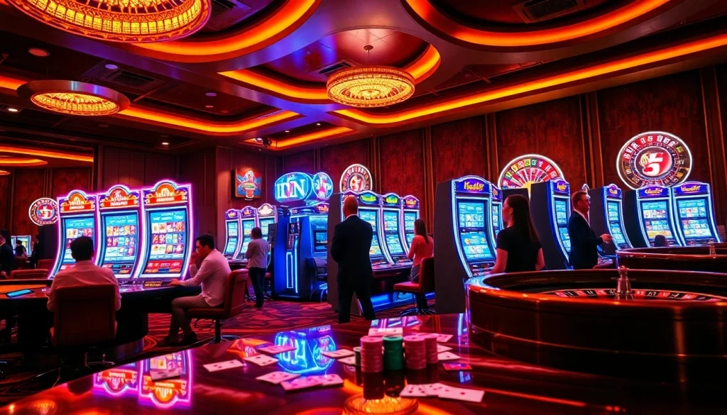 Excited players engaging with idnslot machines in a luxurious casino setting.